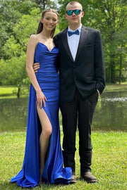 Royal Blue Split Front V-Neck Strapless Mermaid Prom Dresses