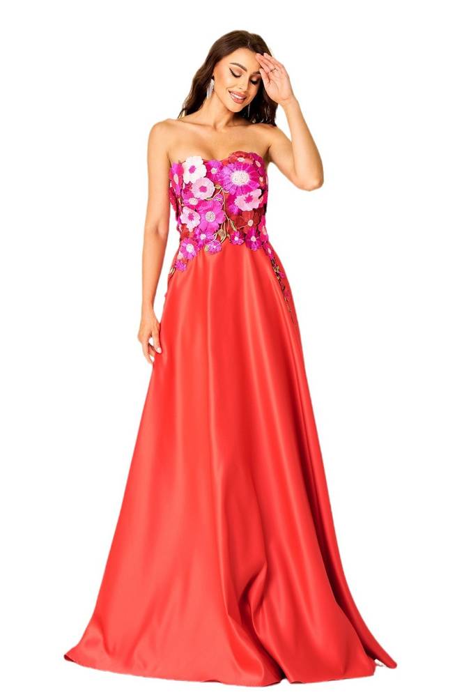 Strapless A-Line Satin Floral Evening Dresses with Appliques