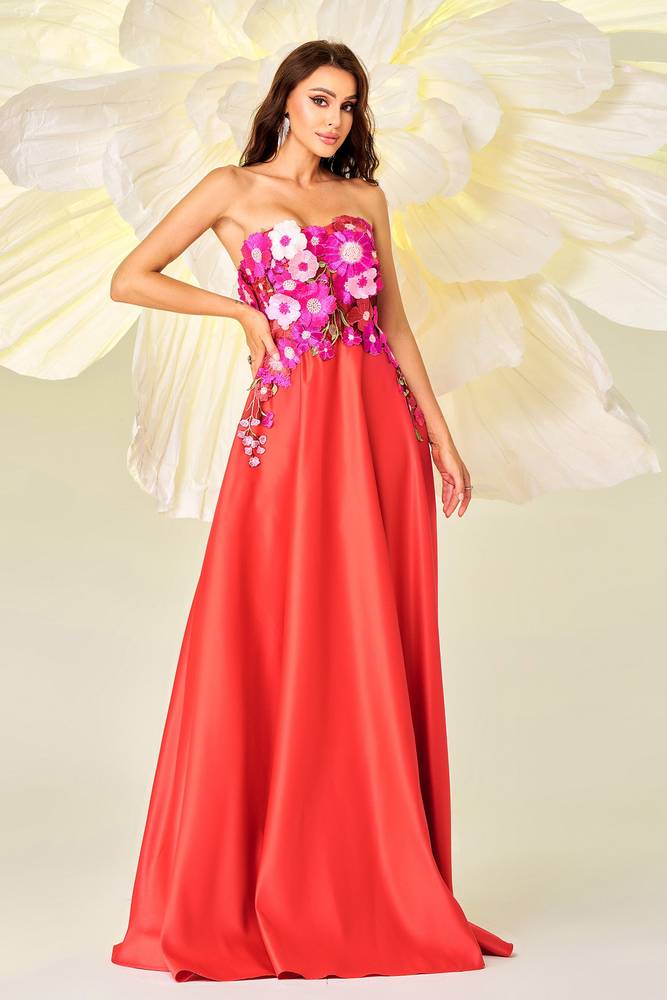 Strapless A-Line Satin Floral Evening Dresses with Appliques