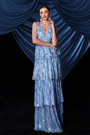 Blue Deep V-Neck A-Line Sequin Prom Evening Dresses with Riuffles