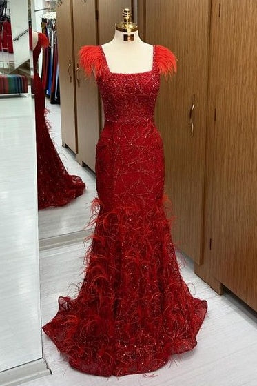 Gorgeous Square Neck Sleeveless Sweep Train Mermaid Lace Prom Dresses with Fur