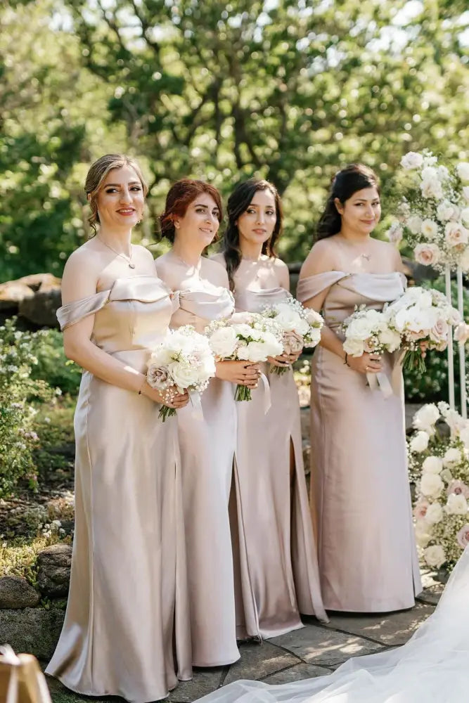 Charming Off-The-Shoulder Floor-Length Satin Bridesmaid Dresses with Slit