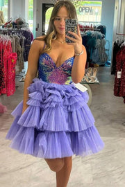 Purple Spaghetti Straps Sequined A-Line Tulle Homecoming Dresses