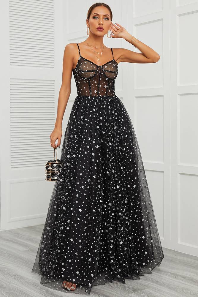 Black Floor-Length Spaghetti Straps V-Neck Tulle Prom Dresses with Stars