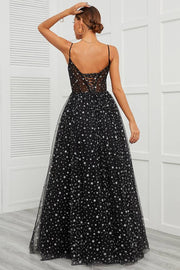 Black Floor-Length Spaghetti Straps V-Neck Tulle Prom Dresses with Stars