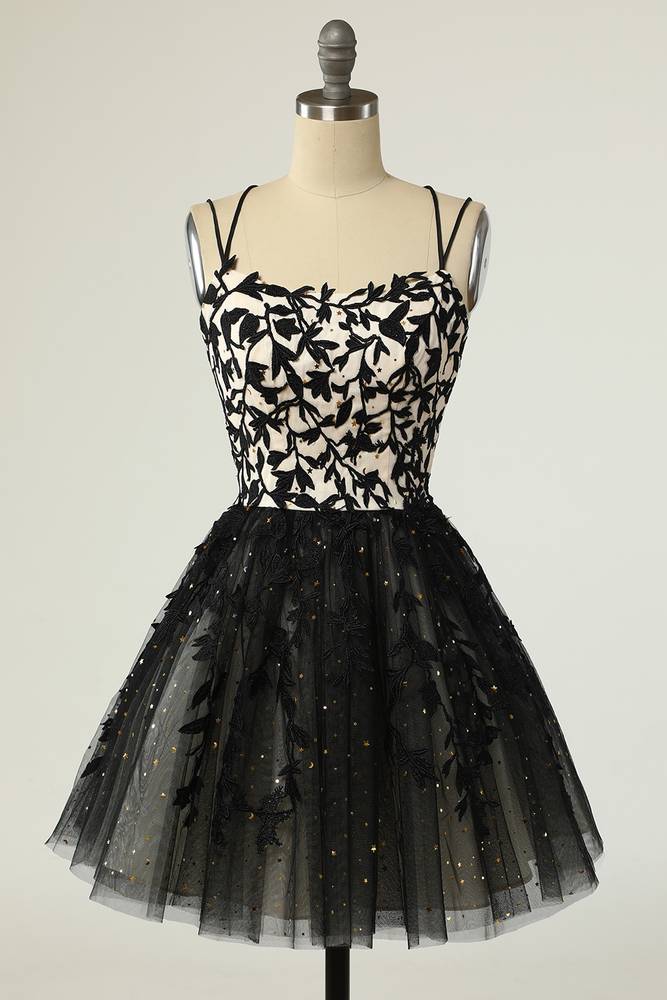 Black Spaghetti Straps A-Line Short Tulle Homecoming Dresses with Appliques