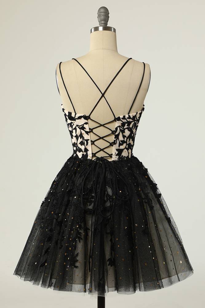 Black Spaghetti Straps A-Line Short Tulle Homecoming Dresses with Appliques