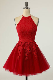 Red Crew Neck A-Line Tulle Homecoming Dresses with Appliques