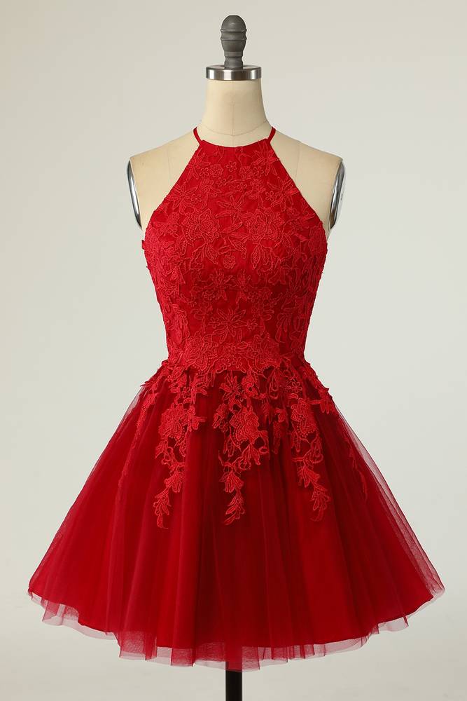 Red Crew Neck A-Line Tulle Homecoming Dresses with Appliques