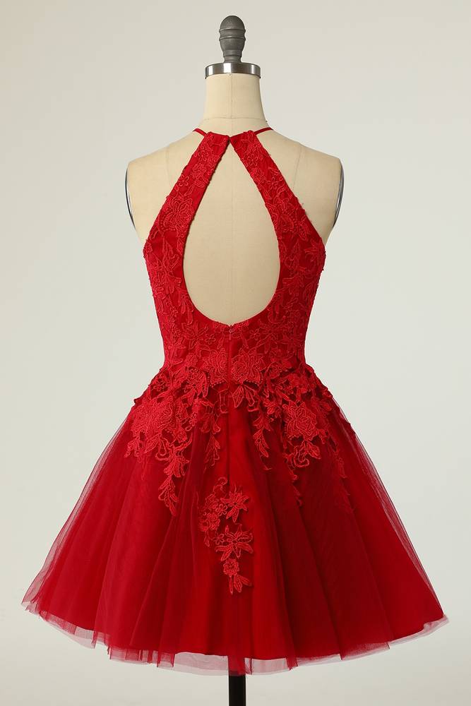 Red Crew Neck A-Line Tulle Homecoming Dresses with Appliques