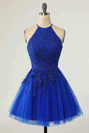 Royal Blue Crew Neck A-Line Tulle Homecoming Dresses with Appliques