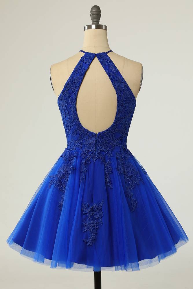 Royal Blue Crew Neck A-Line Tulle Homecoming Dresses with Appliques