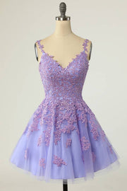 Lavender Lace-Up V-Neck A-Line Tulle Homecoming Dresses with Appliques