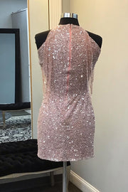 Pink Mermaid Sequined Crew Neck Sleeveless Short Homecoming Dresses with Beading