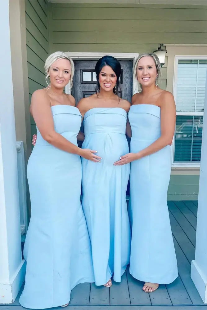 Sky Blue Strapless Satin Mermaid Bridesmaid Dresses