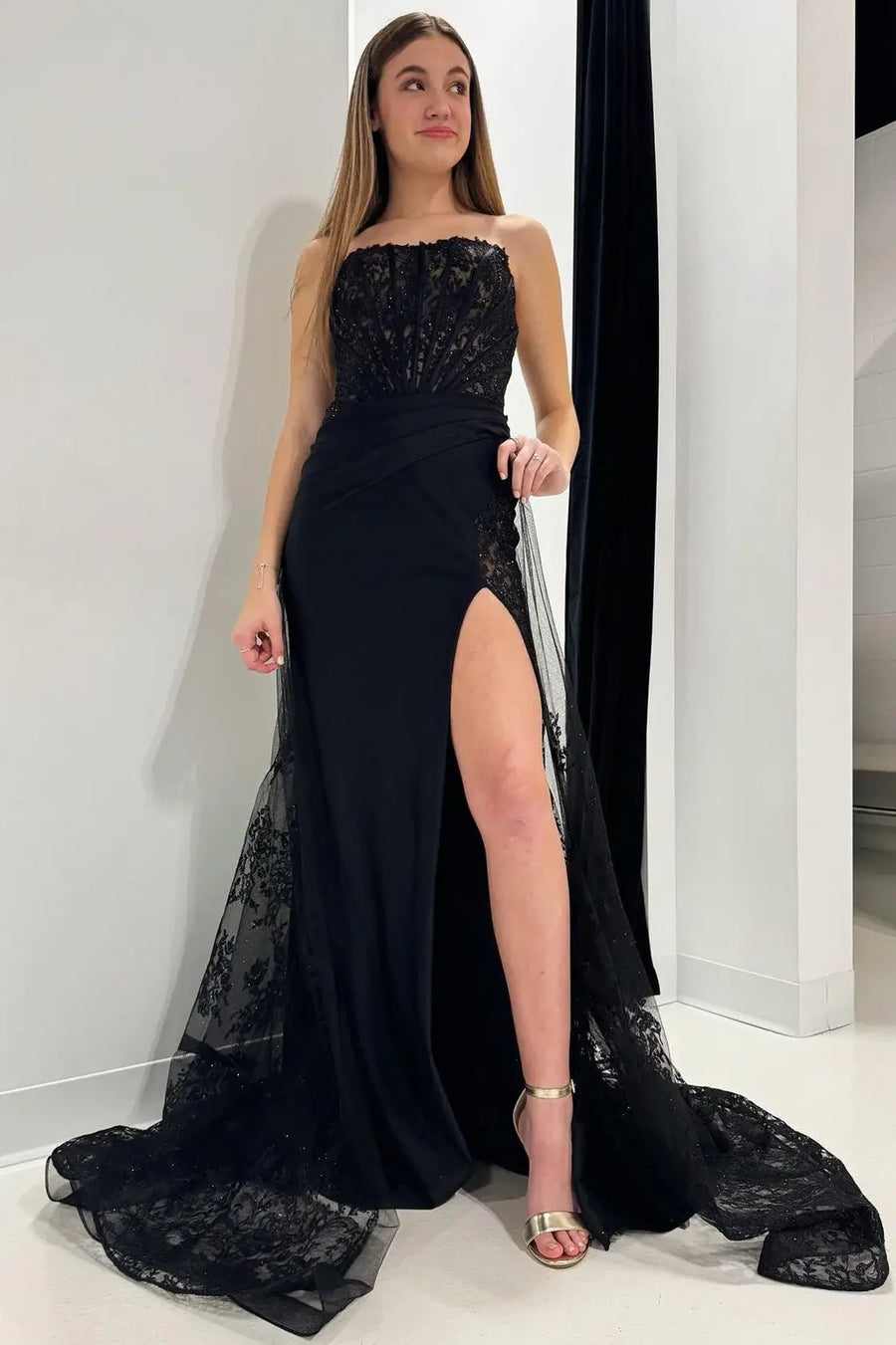 Black Strapless Mermaid Tulle Satin Party Dresses with Slit