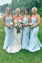 Sky Blue Strapless Satin Mermaid Bridesmaid Dresses