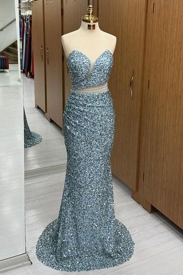 Stunning Sweep Train Sequined Strapless Mermaid Prom Dresses