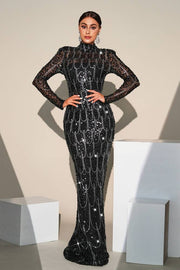 Black Sequined Mermaid Long Sleeves Evening Dresses