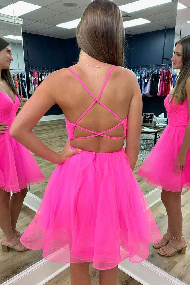 Stylish Candy Pink V-Neck Short A-Line Tulle Homecoming Dresses