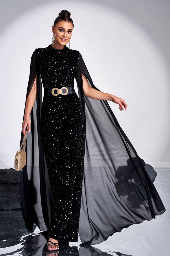 Black Sequined Crew Neck Jumpsuit Evening Dresses with Sash