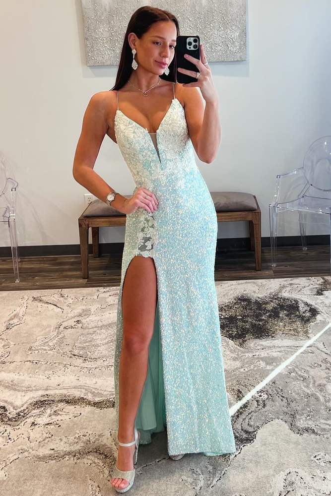 Mint Green Sexy Sequined Mermaid Sleeveless Long Party Dresses with Slit