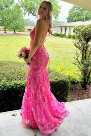 Fuchsia Gorgeous Mermaid Long V-Neck Tulle Party Dresses with Appliques