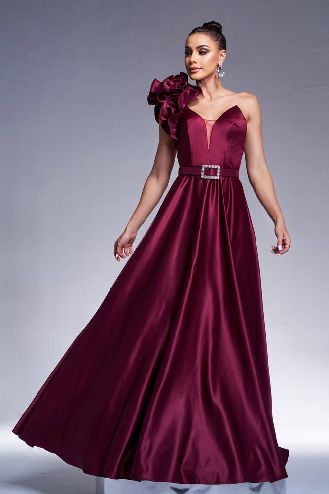 Burgundy V-Neck A-Line Satin One-Shoulder Evening Dresses with Sash