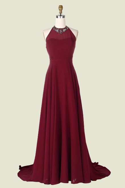 Burgundy Halter A-Line Chiffon Long Bridesmaid Dresses with Rhinestones