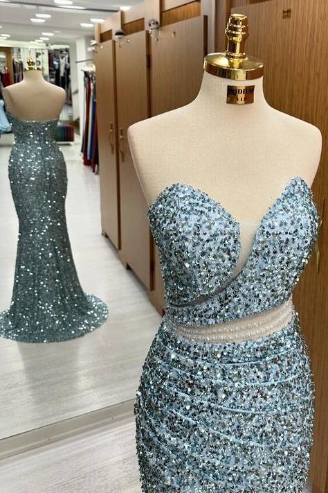 Stunning Sweep Train Sequined Strapless Mermaid Prom Dresses