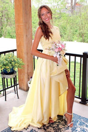 Daffodil One-Shoulder Long Sleeves Satin Party Dresses with Slit