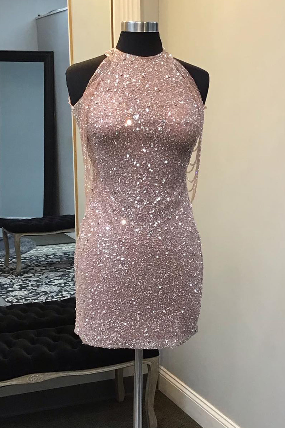 Pink Mermaid Sequined Crew Neck Sleeveless Short Homecoming Dresses with Beading