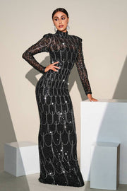 Black Sequined Mermaid Long Sleeves Evening Dresses