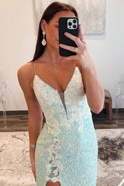 Mint Green Sexy Sequined Mermaid Sleeveless Long Party Dresses with Slit