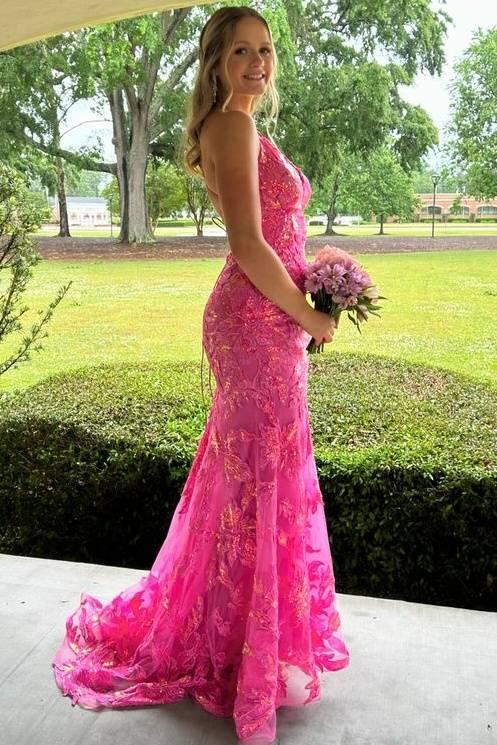 Fuchsia Gorgeous Mermaid Long V-Neck Tulle Party Dresses with Appliques