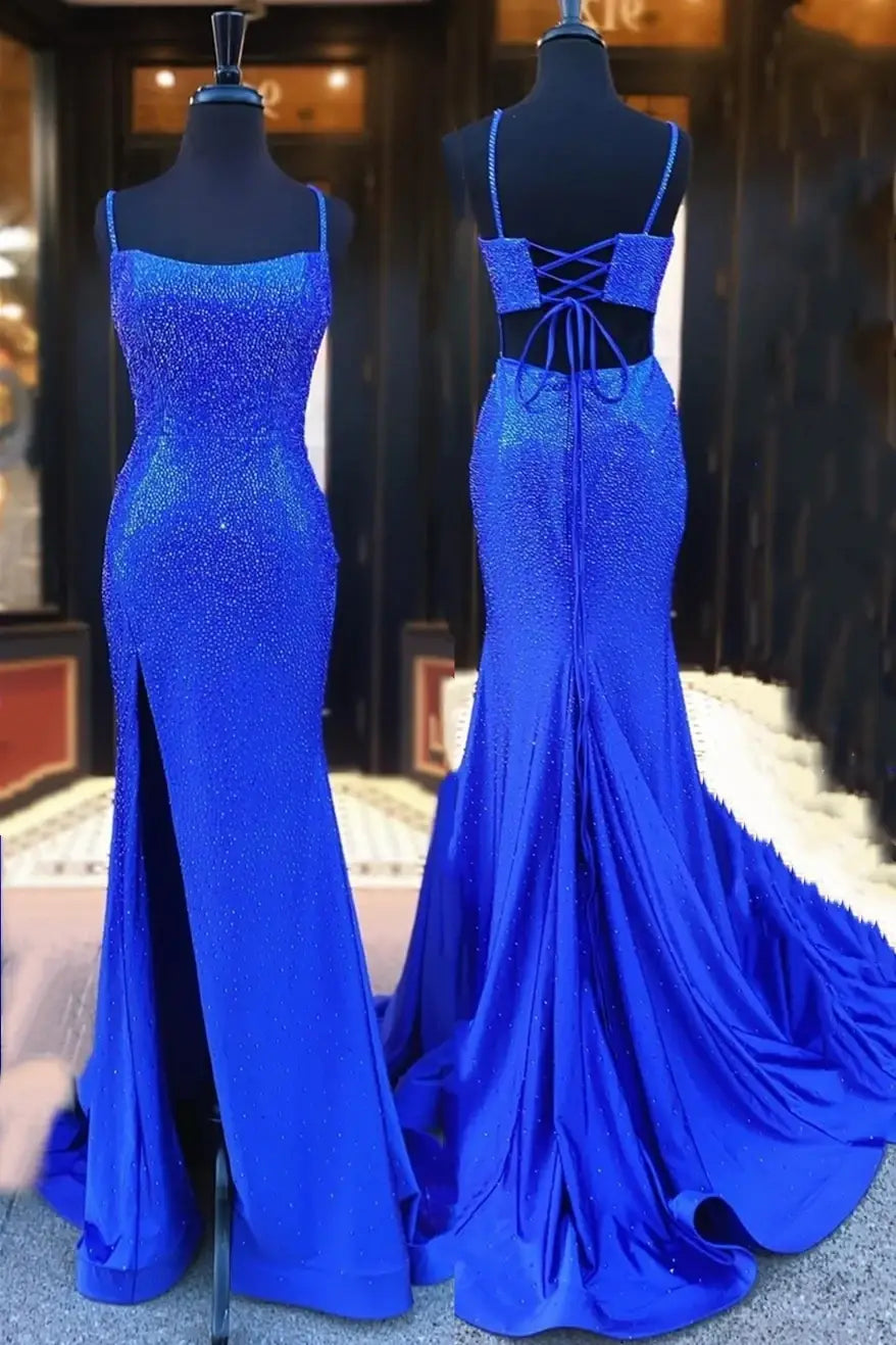 Royal Blue Sequined Satin Mermaid Split Front Party Dresses