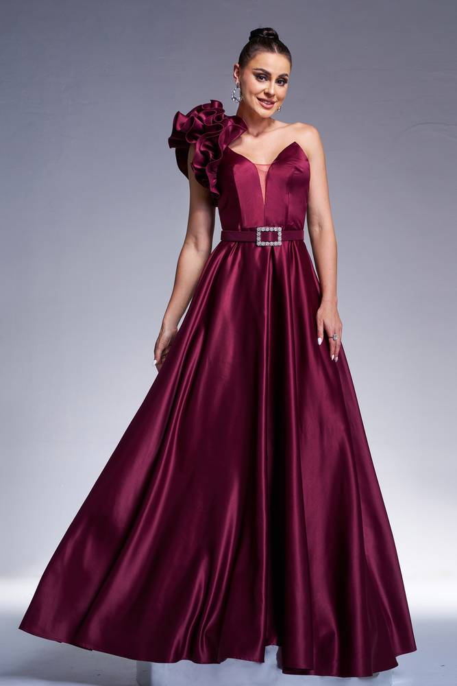 Burgundy V-Neck A-Line Satin One-Shoulder Evening Dresses with Sash