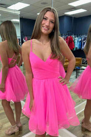 Stylish Candy Pink V-Neck Short A-Line Tulle Homecoming Dresses