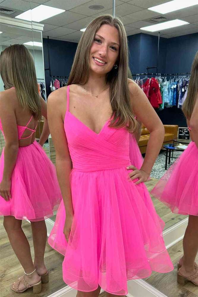 Stylish Candy Pink V-Neck Short A-Line Tulle Homecoming Dresses