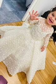 Long A-Line 3D Flower Jewel Neck Flower Girl Dresses with Bow