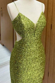 Elegant V-Neck Spaghetti Straps Sweep Train Sequined Mermaid Prom Dresses