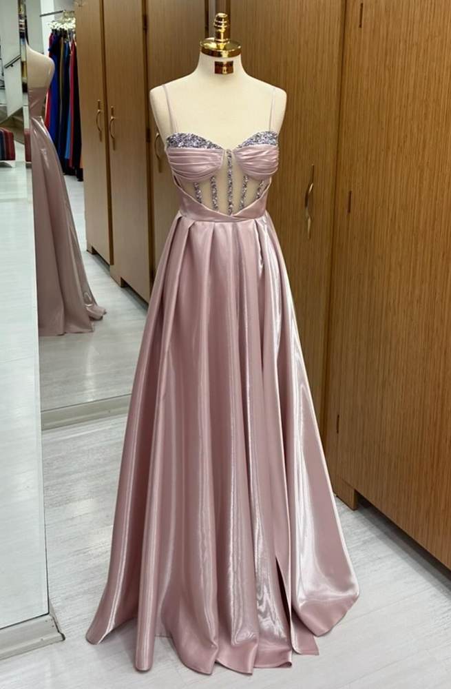 A-Line Prom Dresses Spaghetti Straps Satin Sweetheart with Sequins