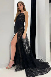 Black Strapless Mermaid Tulle Satin Party Dresses with Slit
