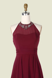 Burgundy Halter A-Line Chiffon Long Bridesmaid Dresses with Rhinestones