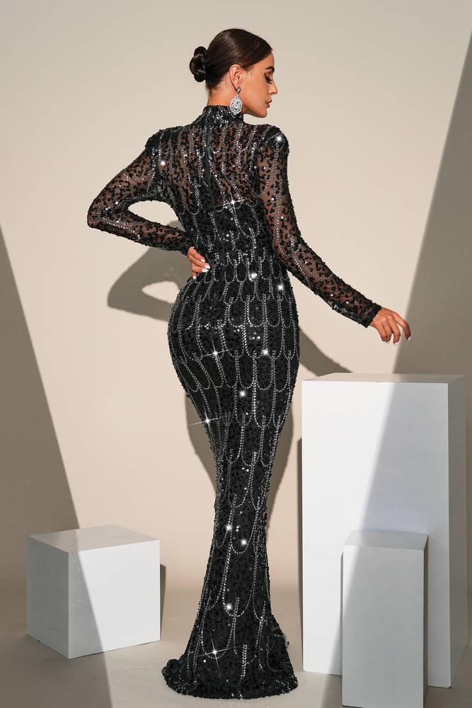 Black Sequined Mermaid Long Sleeves Evening Dresses