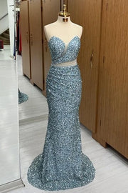 Stunning Sweep Train Sequined Strapless Mermaid Prom Dresses