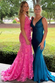 Fuchsia Gorgeous Mermaid Long V-Neck Tulle Party Dresses with Appliques