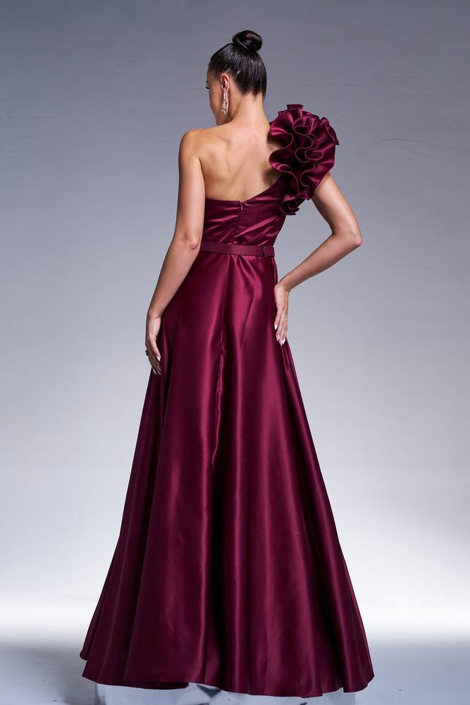 Burgundy V-Neck A-Line Satin One-Shoulder Evening Dresses with Sash