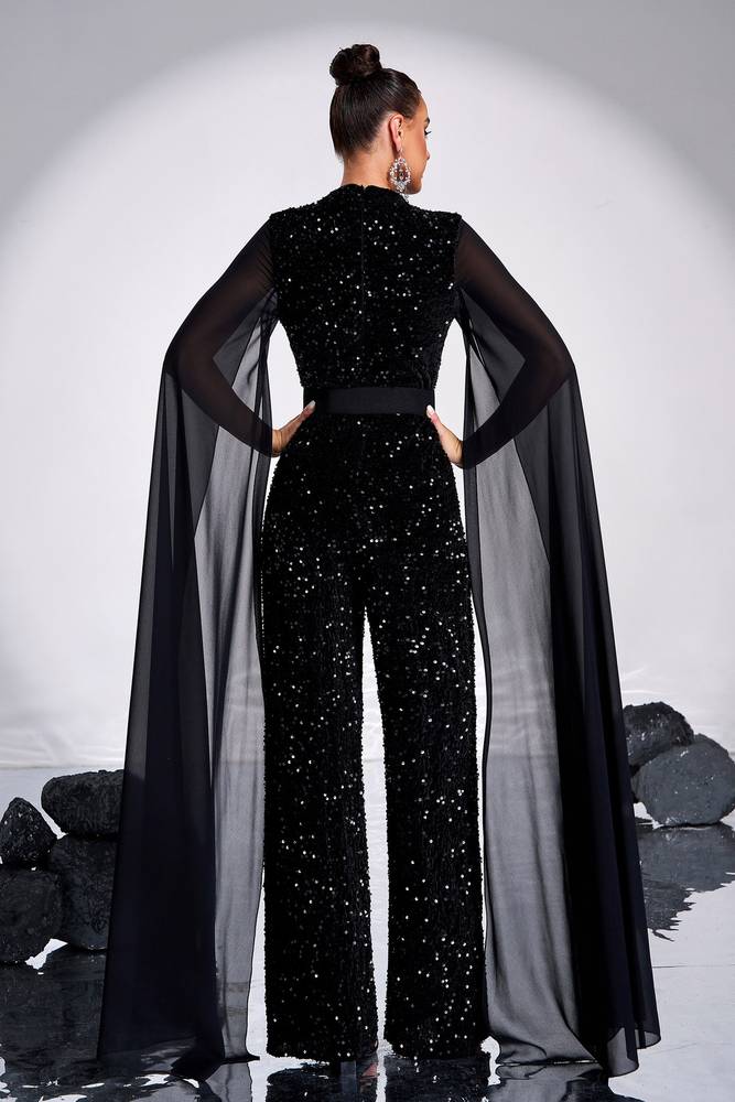 Black Sequined Crew Neck Jumpsuit Evening Dresses with Sash