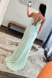 Mint Green Sexy Sequined Mermaid Sleeveless Long Party Dresses with Slit